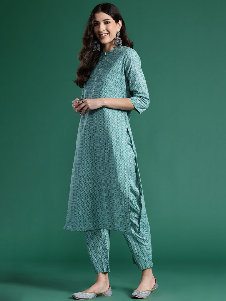 Women's Blue Printed Straight Kurta Trousers With Dupatta Set