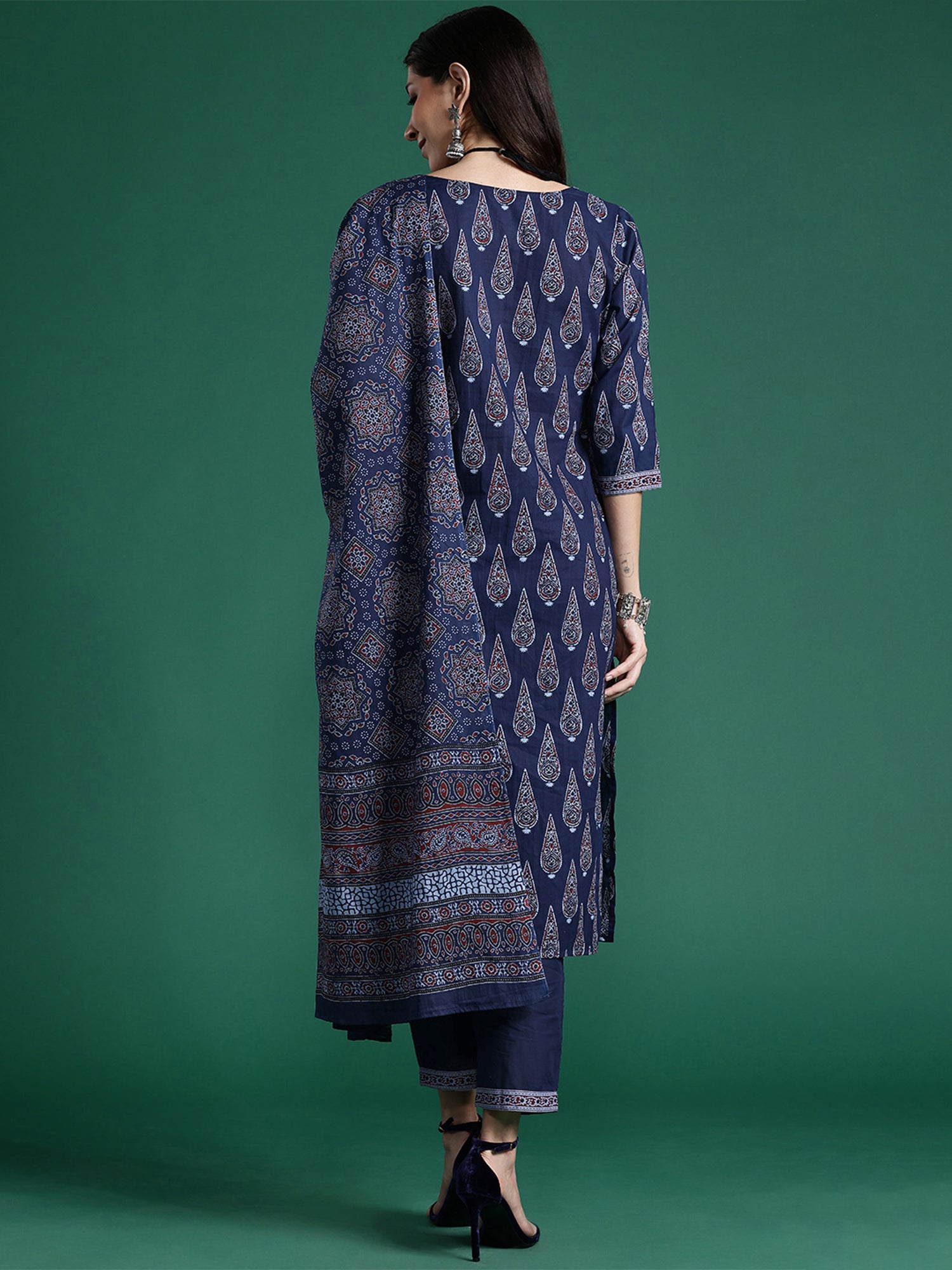 Women's Blue Printed Straight Kurta Trousers With Dupatta Set - Indo Era