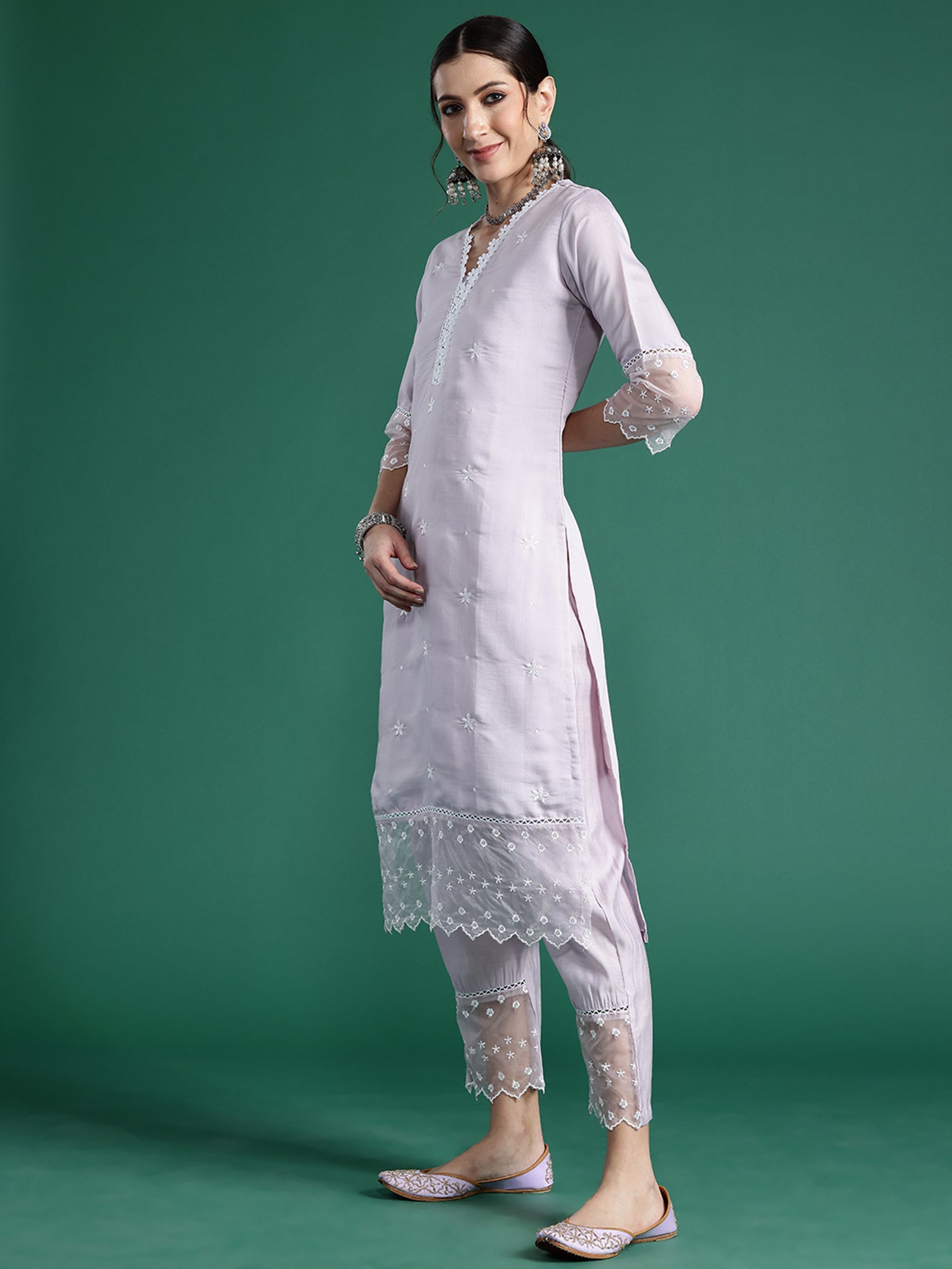 Women's Lavender Embroidered Straight Kurta Trousers With Dupatta Set - Indo Era