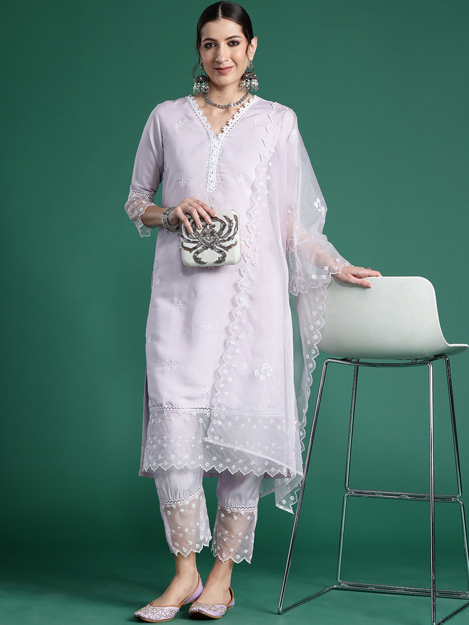 Women's Lavender Silk Blend Kurta Set - Taantav