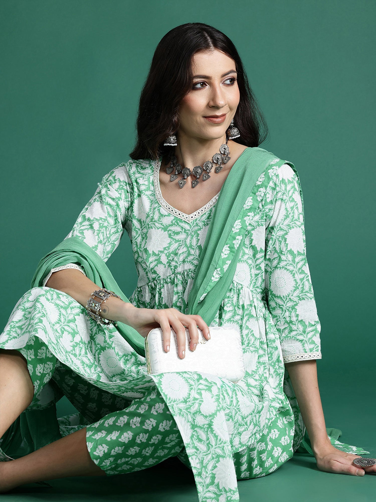 Women's Green Pure Cotton Kurta Set - Taantav