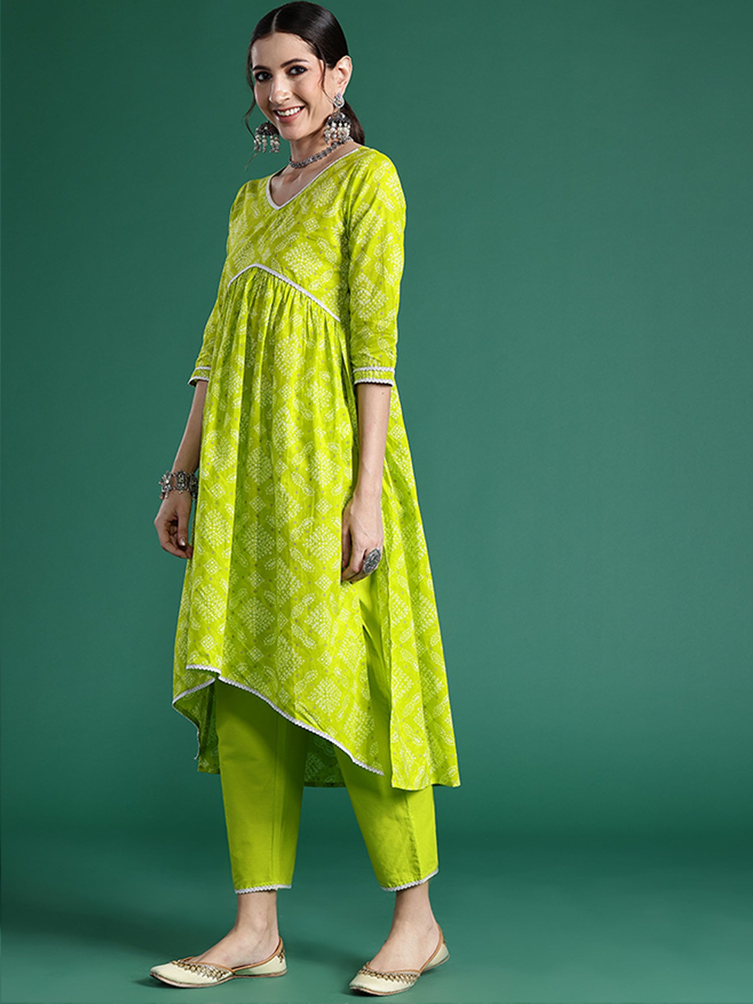 Women's Green Printed A-Line Kurta Trousers With Dupatta Set - Indo Era