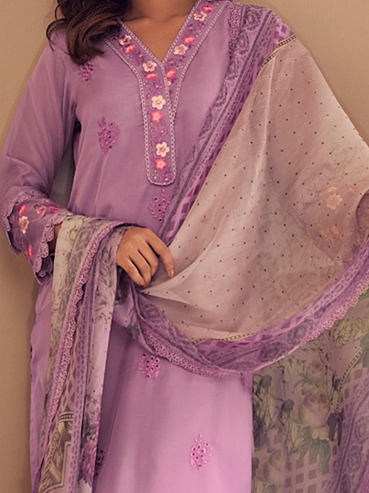 Women's Lavender Embroidered Straight Kurta Trousers With Dupatta Set - Indo Era