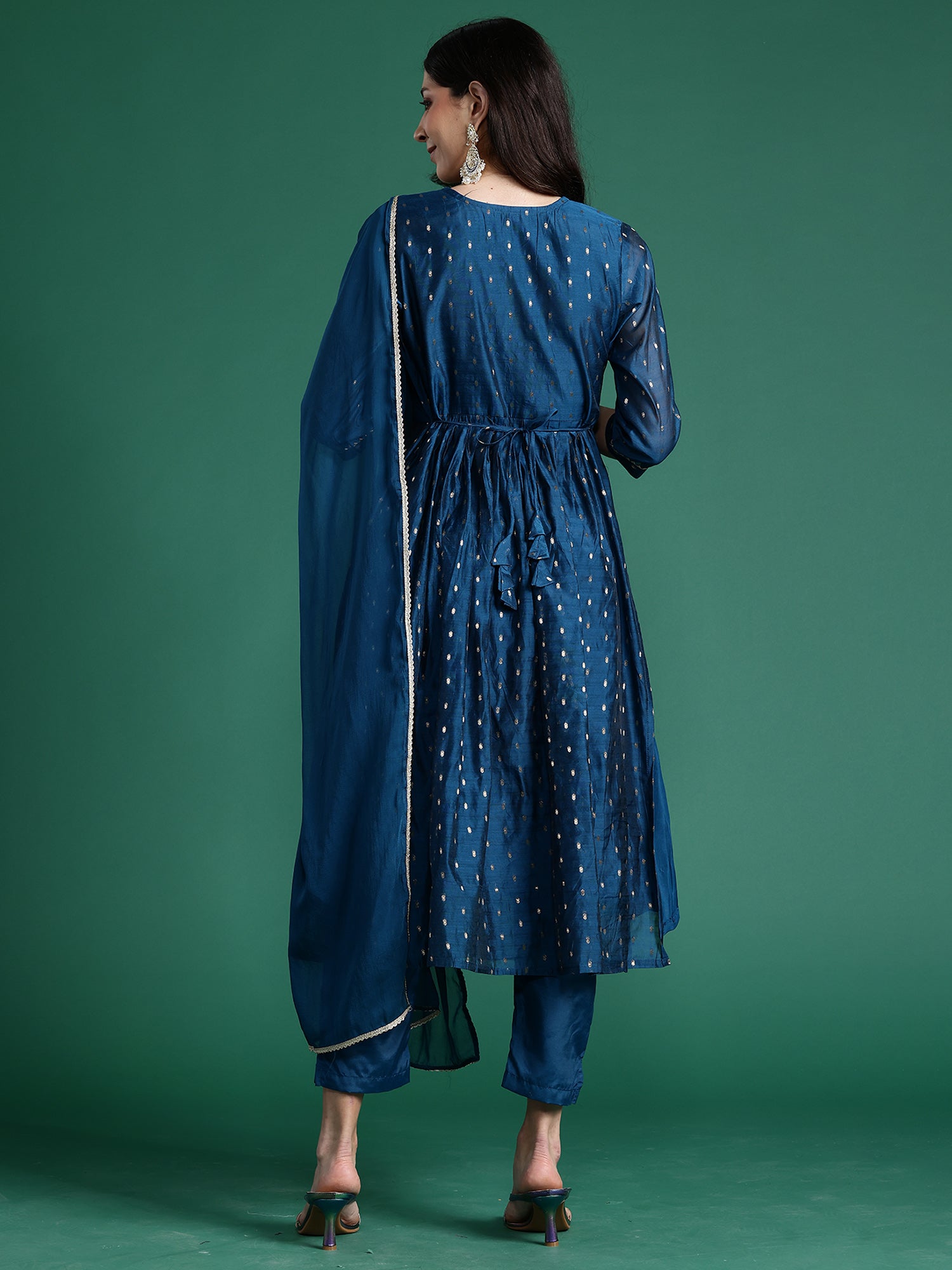 Women's Blue Embroidered A-Line Kurta Trousers With Dupatta Set - Indo Era