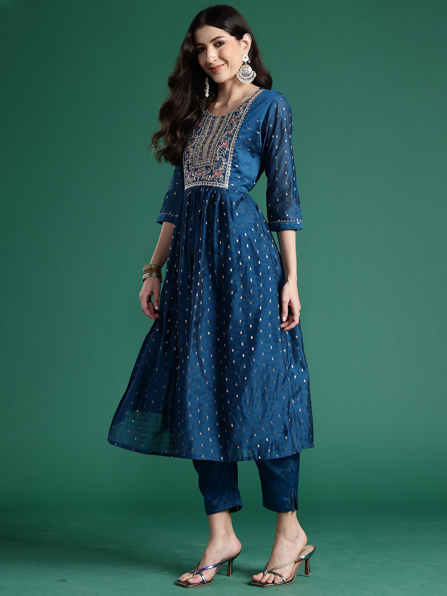 Women's Blue Embroidered A-Line Kurta Trousers With Dupatta Set - Indo Era