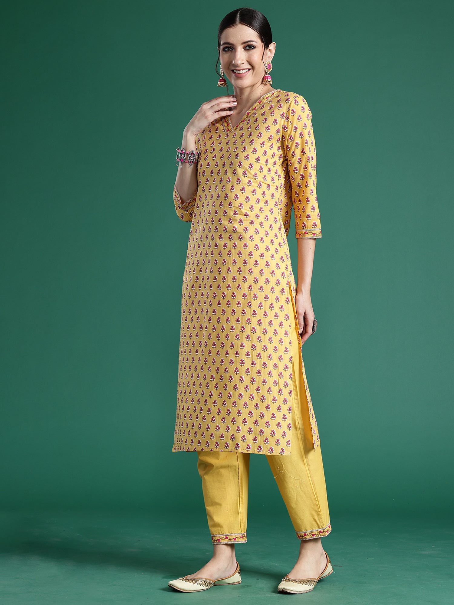 Women's Yellow Printed Straight Kurta Trousers With Dupatta Set - Indo Era