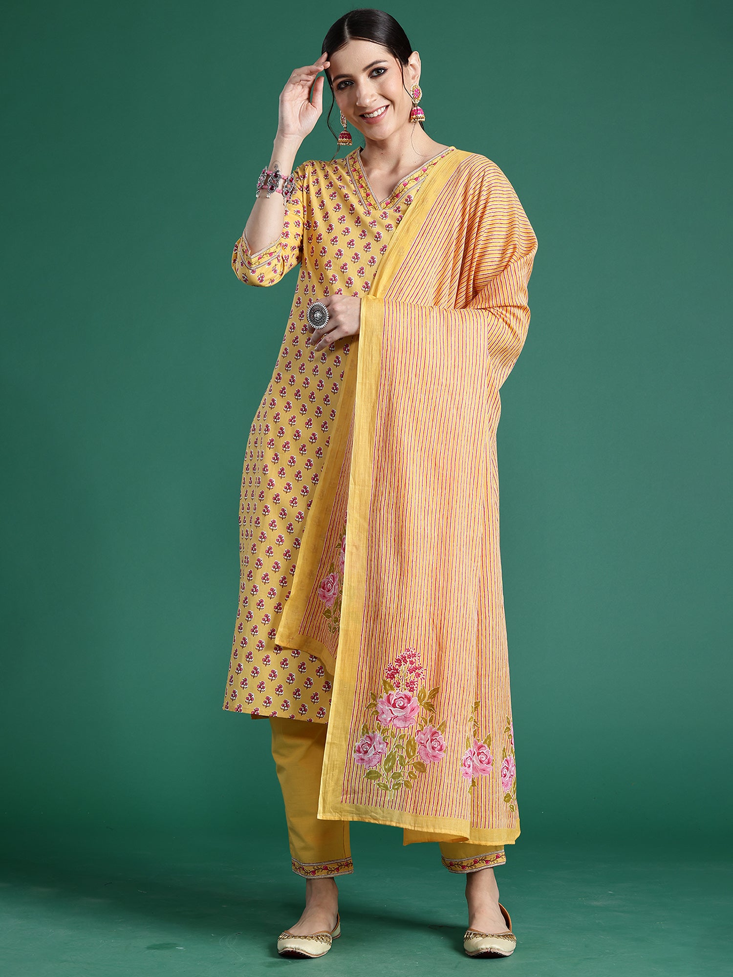 Women's Yellow Printed Straight Kurta Trousers With Dupatta Set - Indo Era