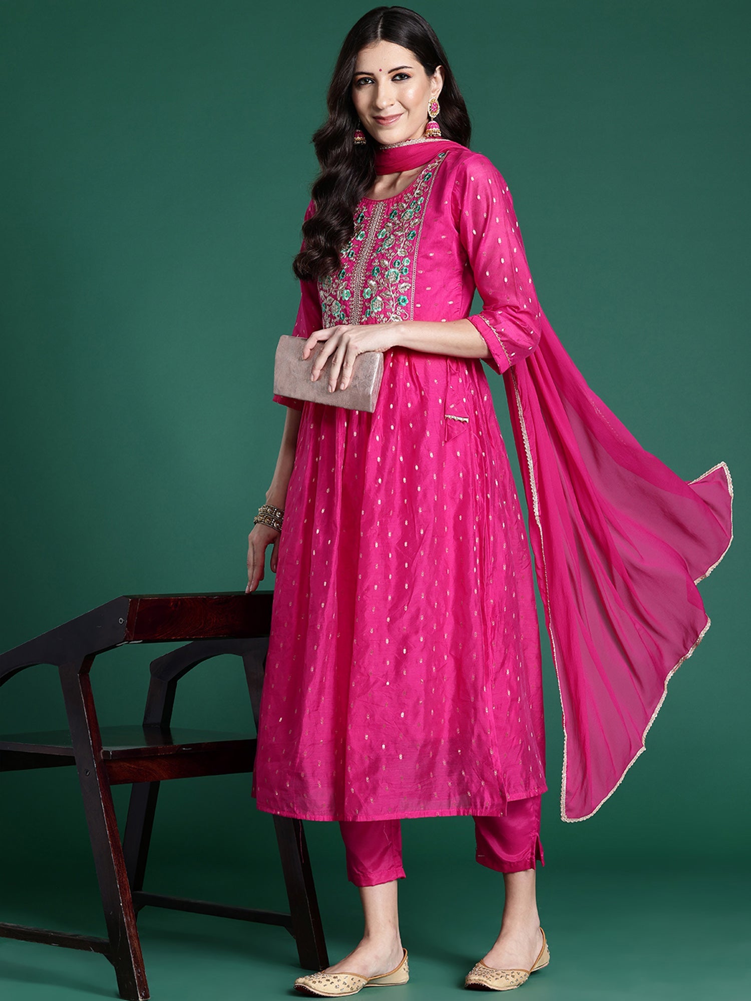 Women's Pink Embroidered A-Line Kurta Trousers With Dupatta Set