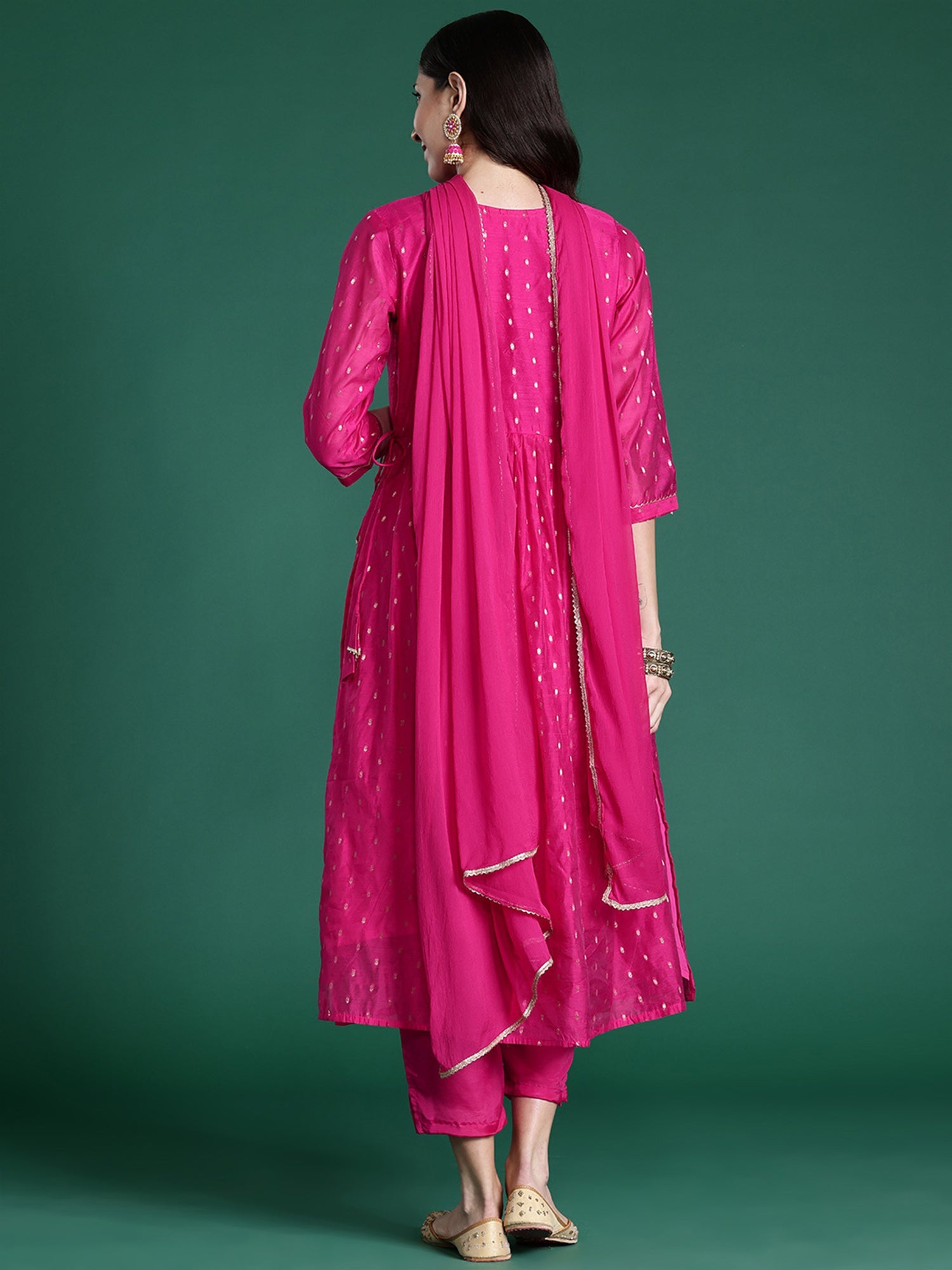 Women's Pink Embroidered A-Line Kurta Trousers With Dupatta Set