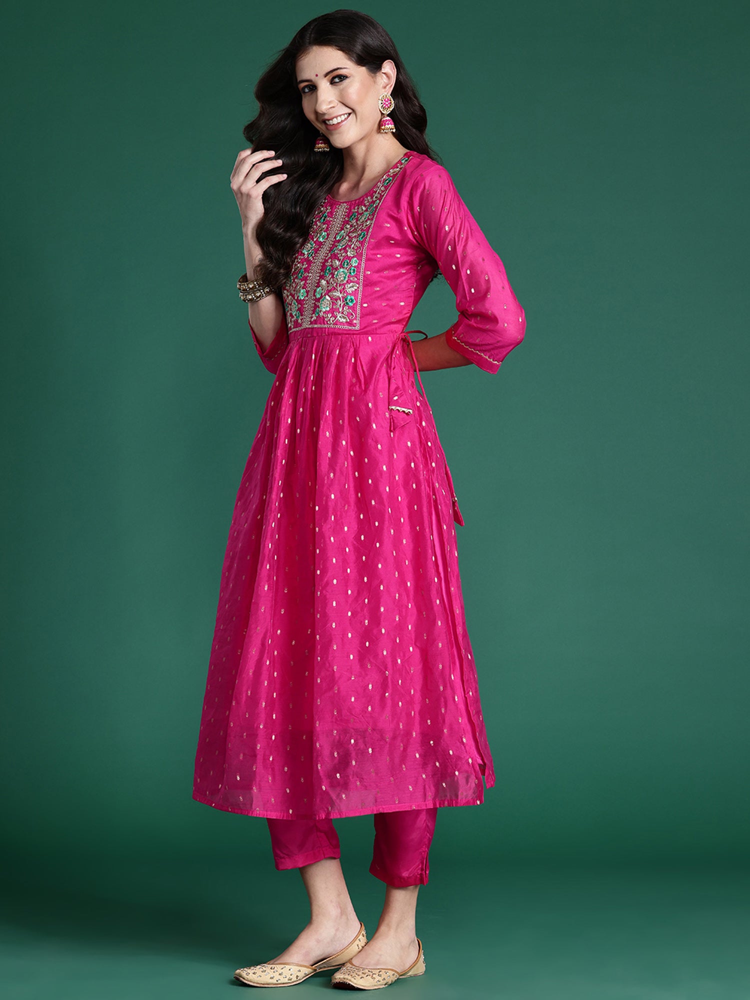 Women's Pink Embroidered A-Line Kurta Trousers With Dupatta Set - Indo Era