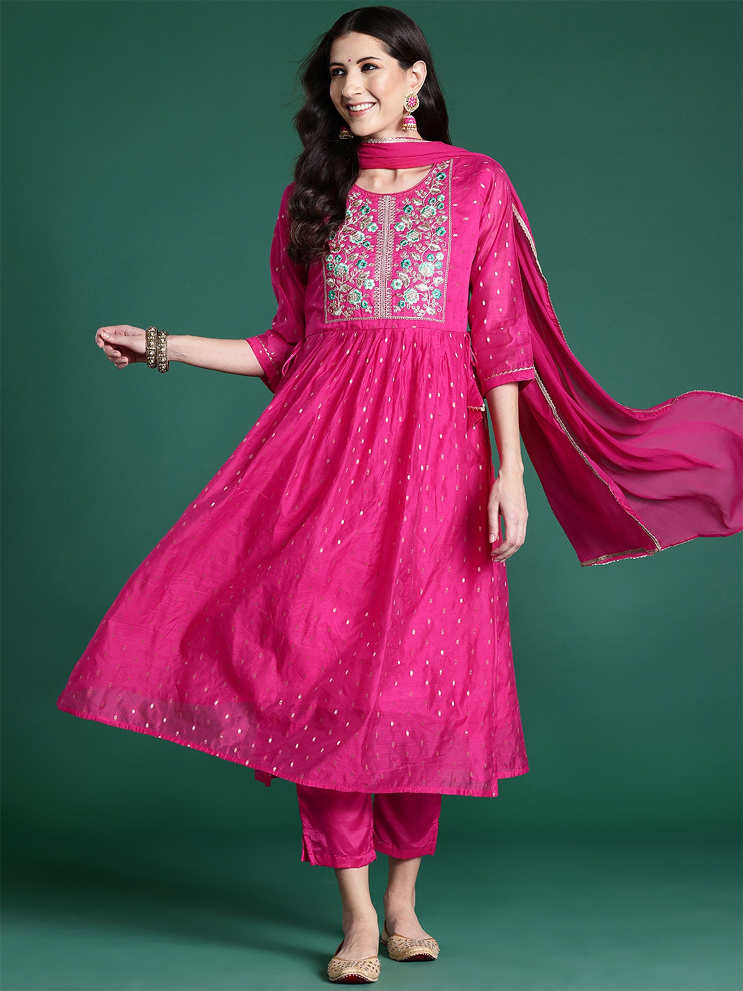 Women's Pink Embroidered A-Line Kurta Trousers With Dupatta Set - Indo Era