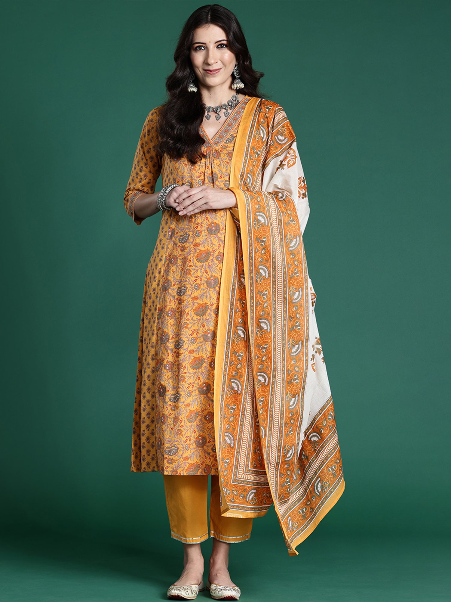 Women's Yellow Printed A-Line Kurta Trousers With Dupatta Set - Indo Era