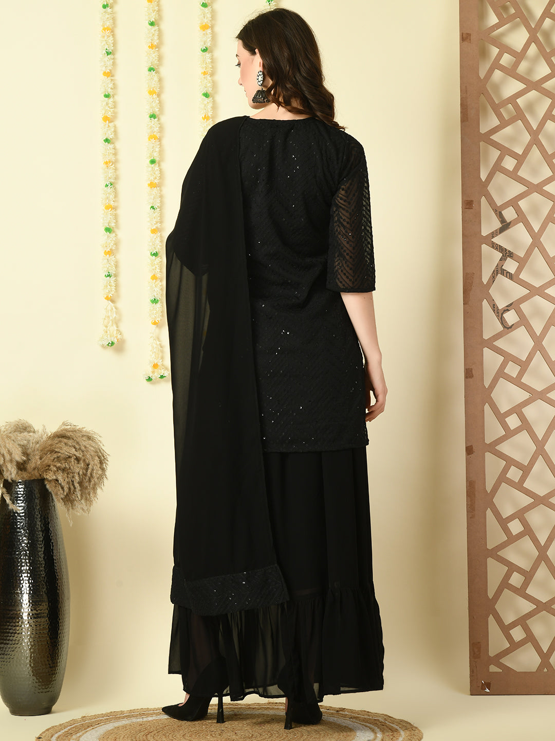 Women's Black  Georgette Kurti & Skirt With Dupatta Party Sets - Myshka
