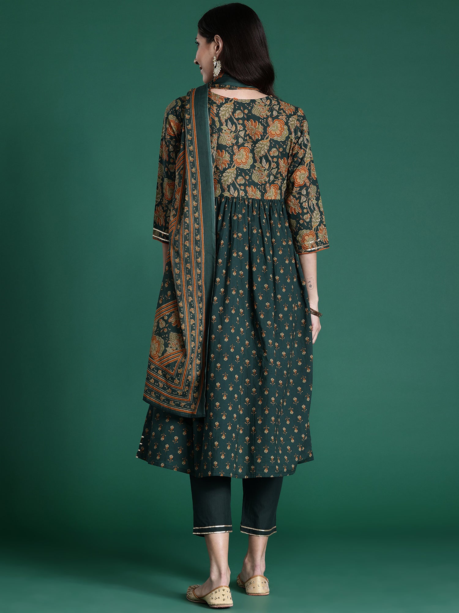 Women's Green Printed A-Line Kurta Trousers With Dupatta Set - Indo Era
