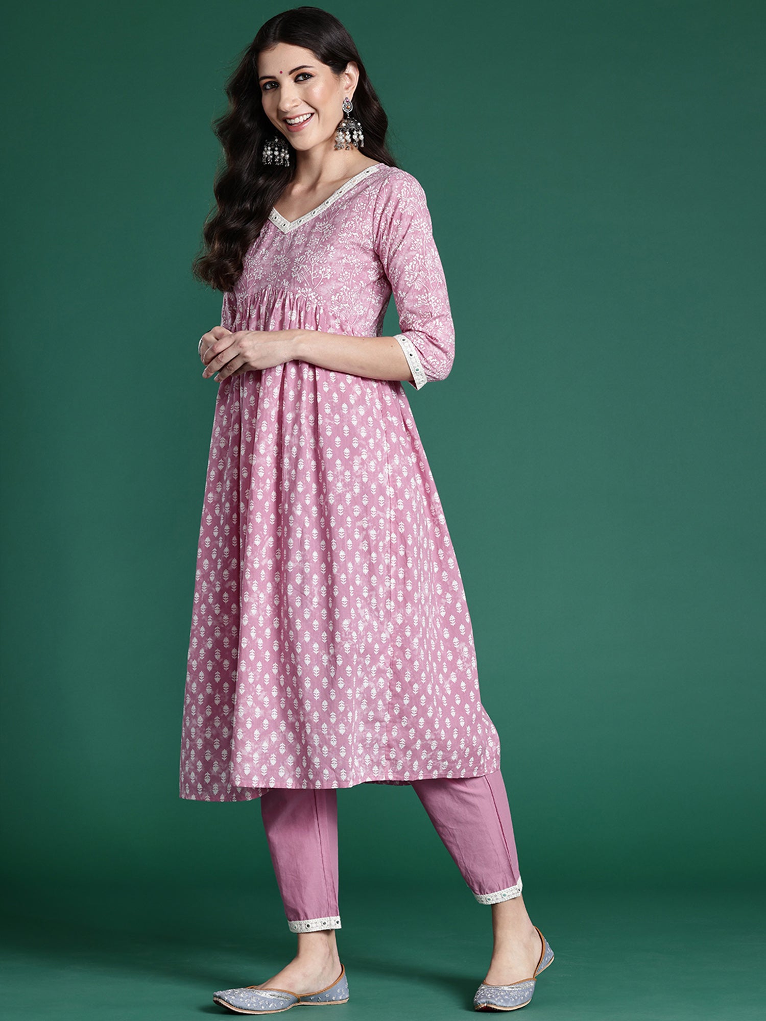 Women's Pink Printed A-Line Kurta Trousers With Dupatta Set - Indo Era