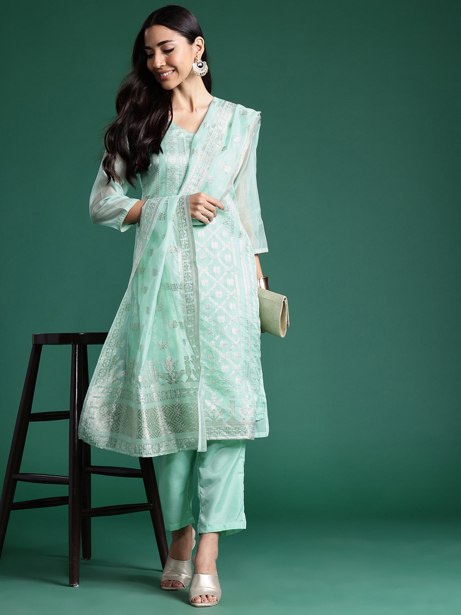 Women's Seagreen Woven Design Straight Kurta Trousers With Dupatta Set - Indo Era