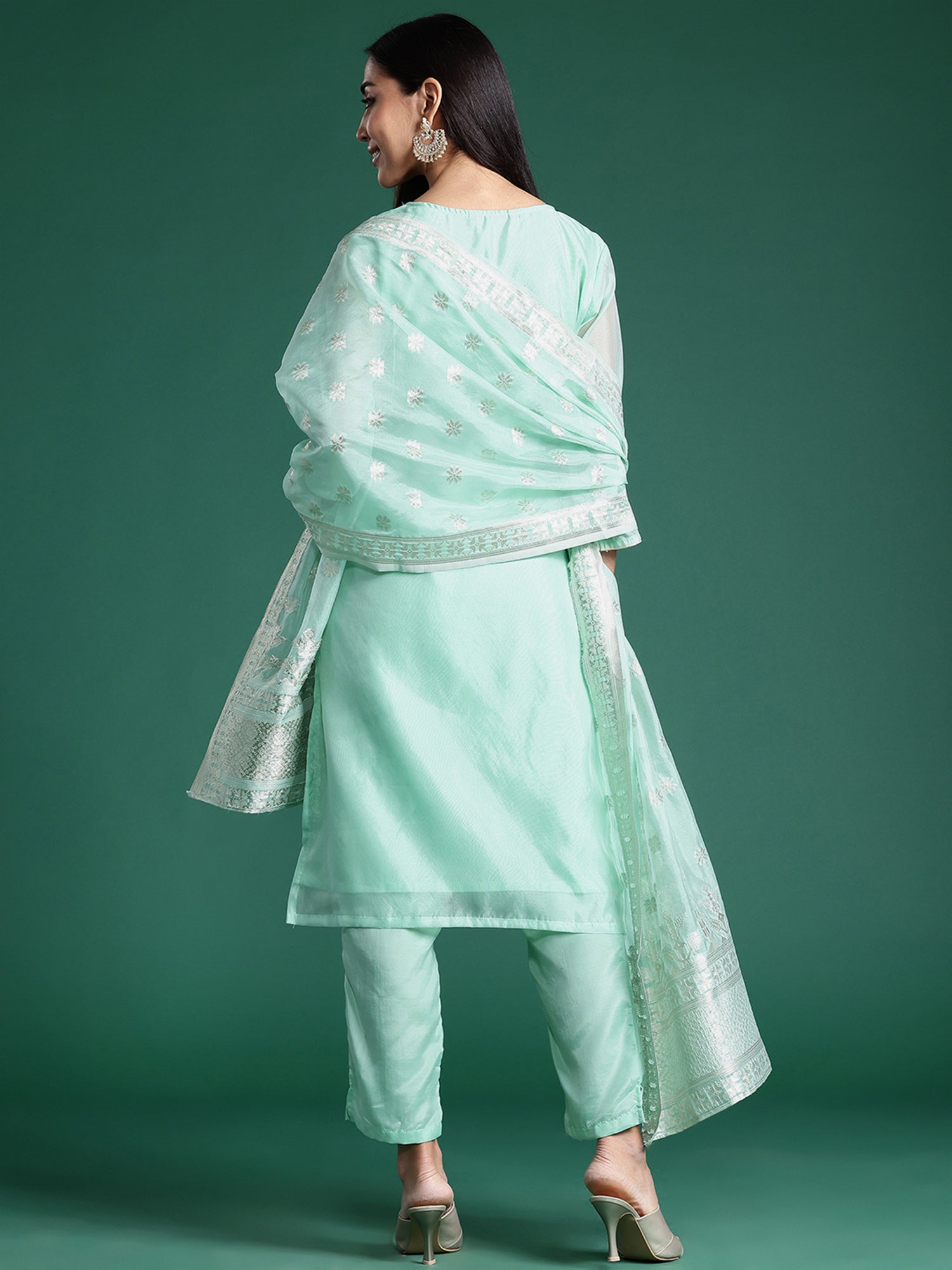 Women's Seagreen Woven Design Straight Kurta Trousers With Dupatta Set - Indo Era