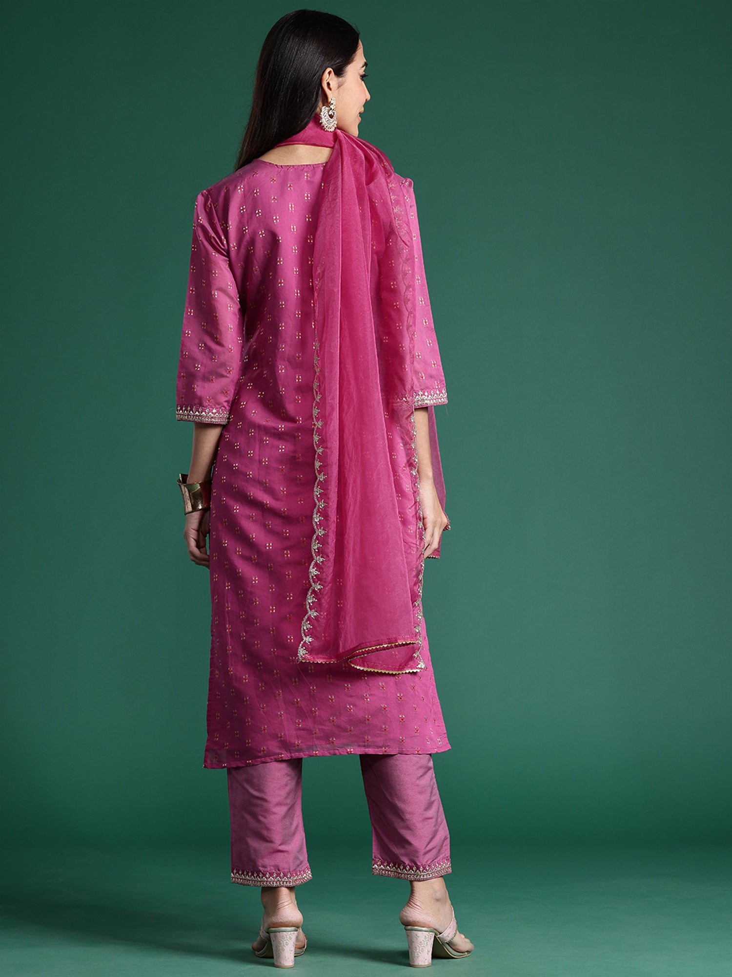 Women's Mauve Embroidered Straight Kurta Trousers With Dupatta Set - Indo Era