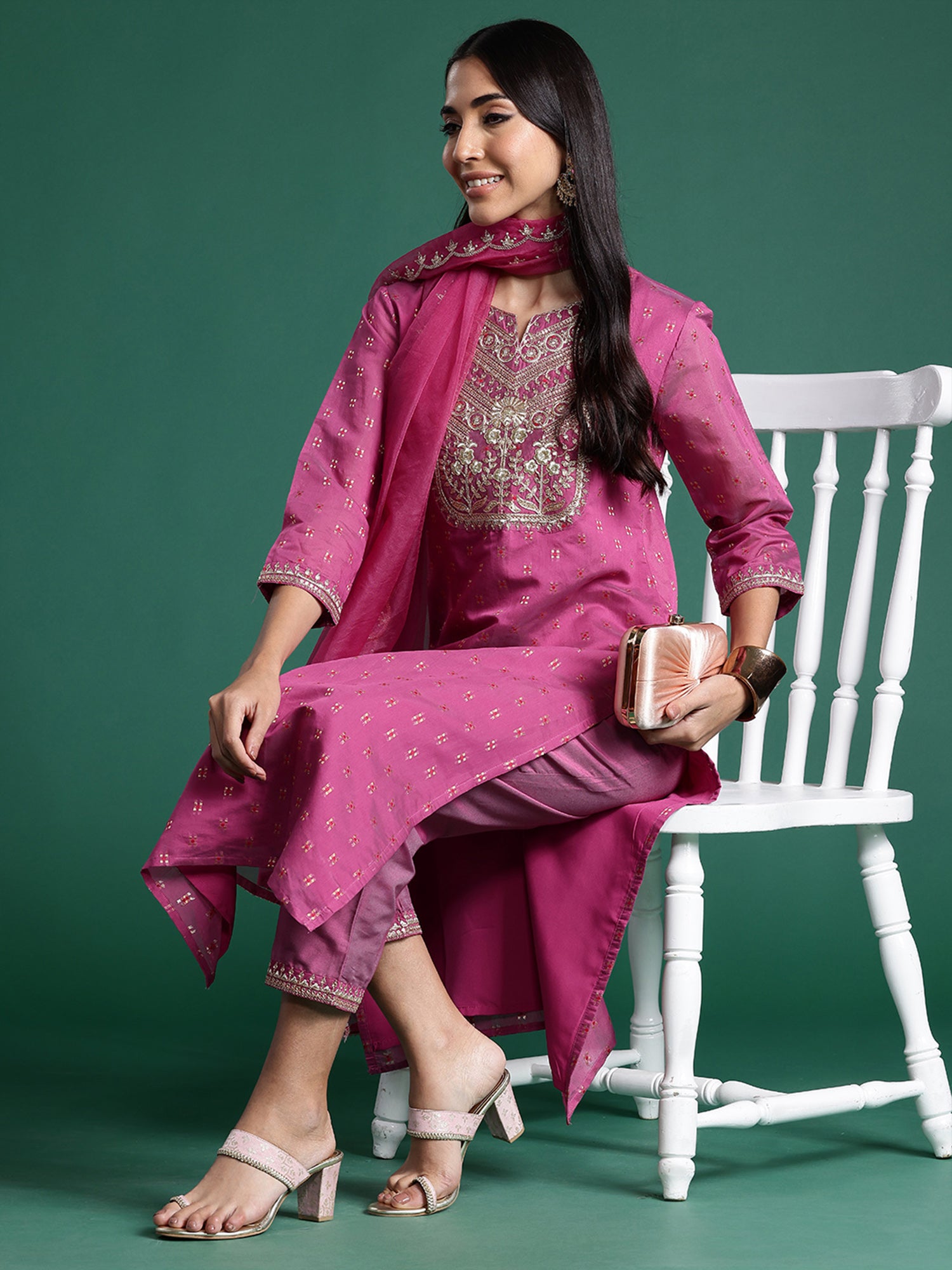 Women's Mauve Embroidered Straight Kurta Trousers With Dupatta Set - Indo Era