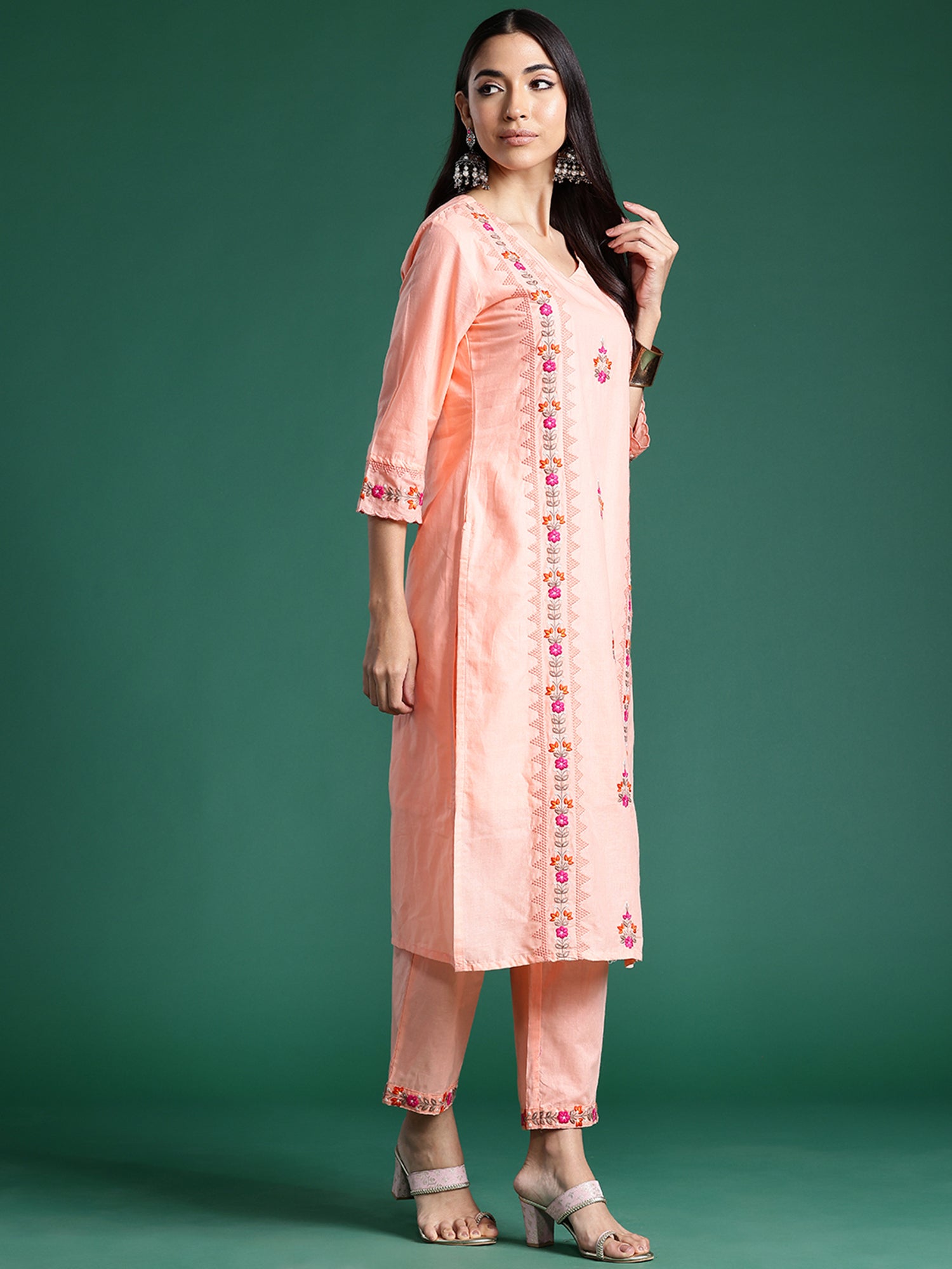 Women's Peach Embroidered Straight Kurta Trousers With Dupatta Set - Indo Era