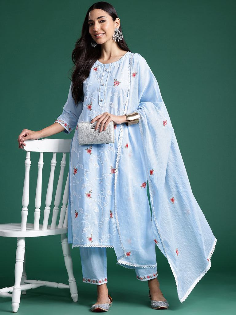 Women's Blue Embroidered Straight Kurta Trousers With Dupatta Set
