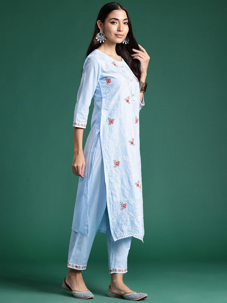 Women's Blue Embroidered Straight Kurta Trousers With Dupatta Set
