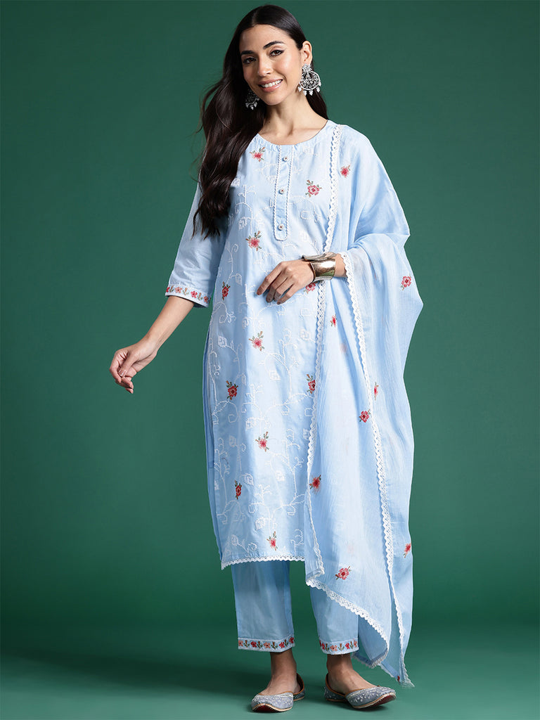 Women's Blue Embroidered Straight Kurta Trousers With Dupatta Set