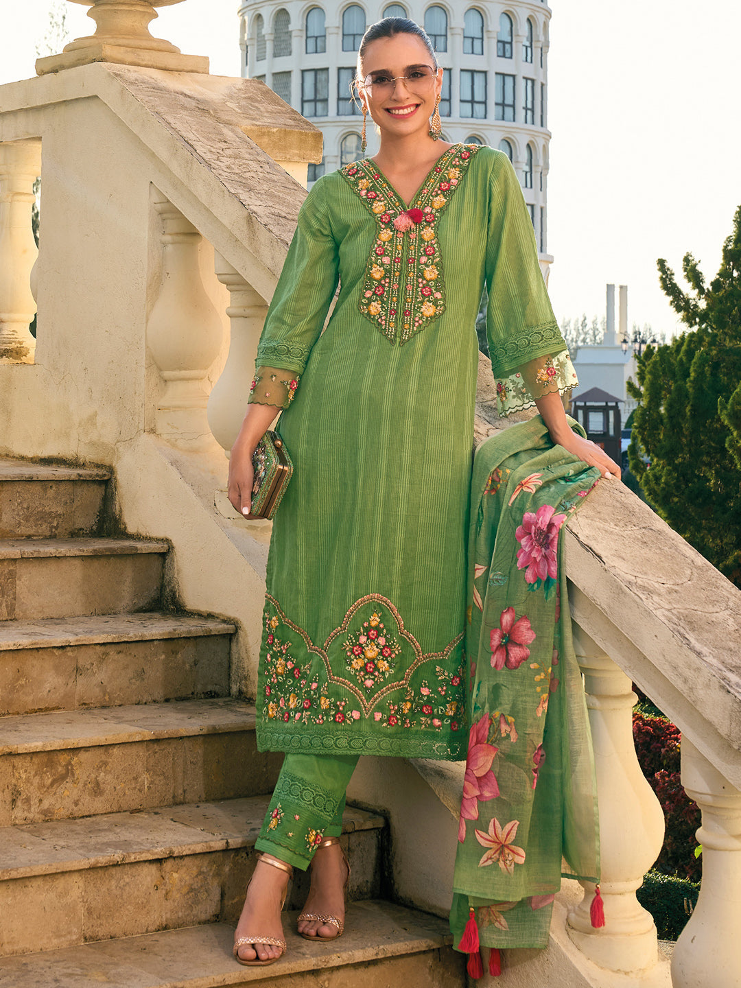 Women's Green Pure Cotton Kurta Set - Taantav