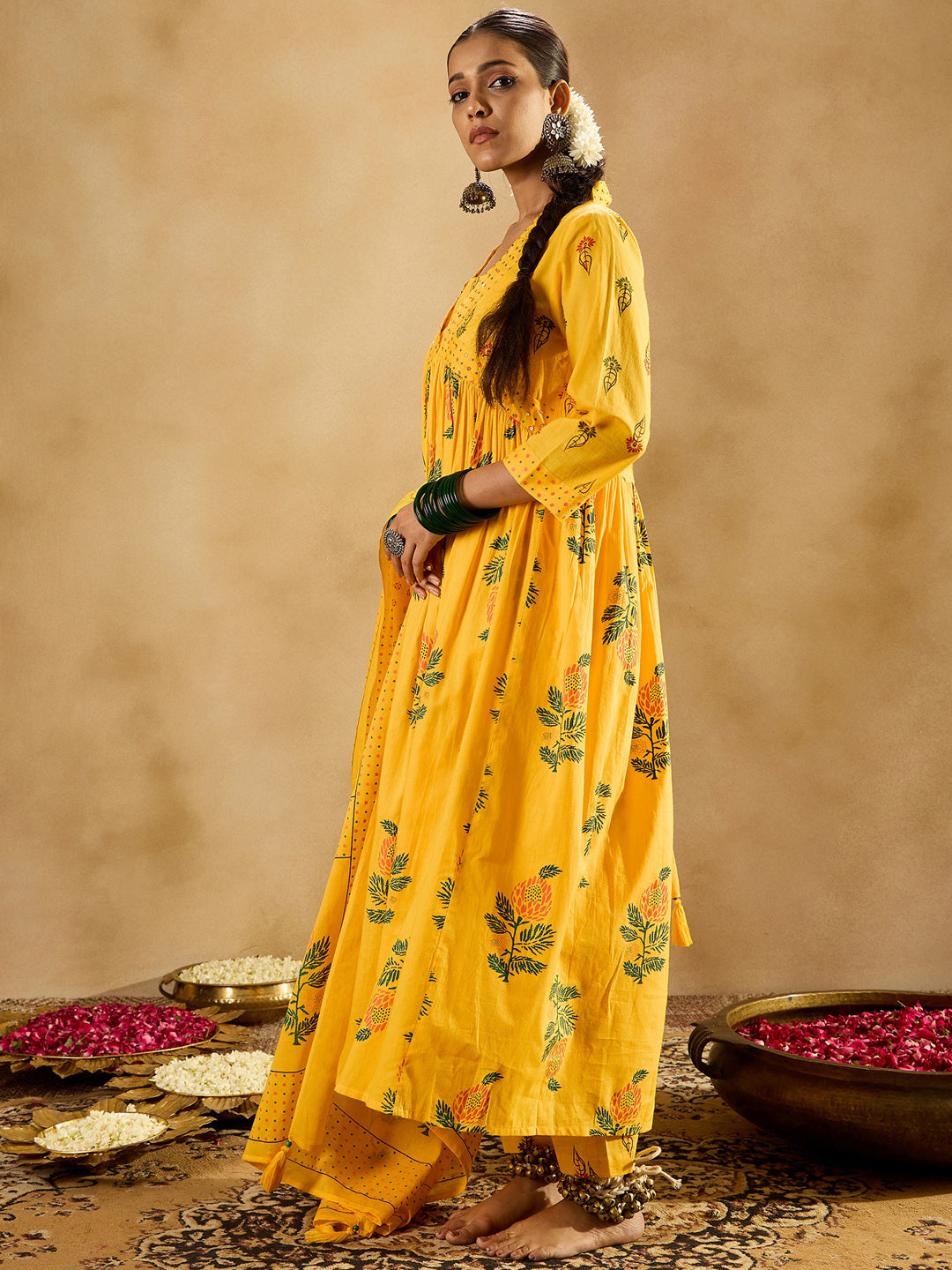 Women's Yellow Pure Cotton Kurta Set - Taantav