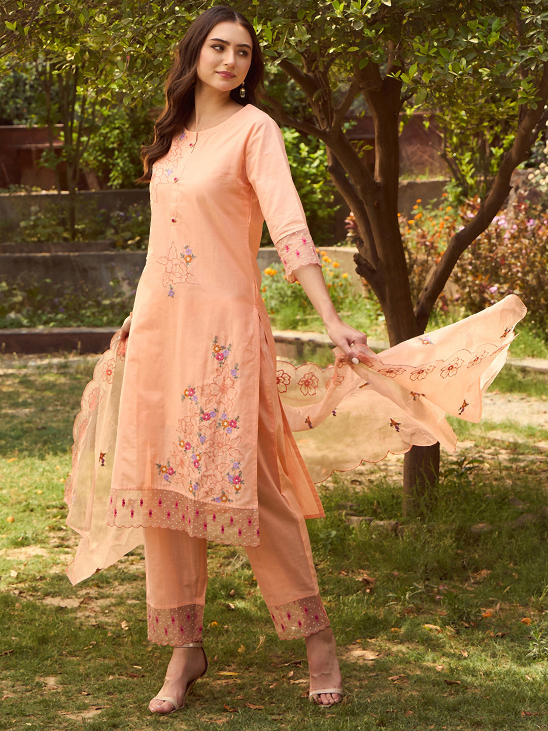Women's Peach Embroidered Straight Kurta Trousers With Dupatta Set - Indo Era