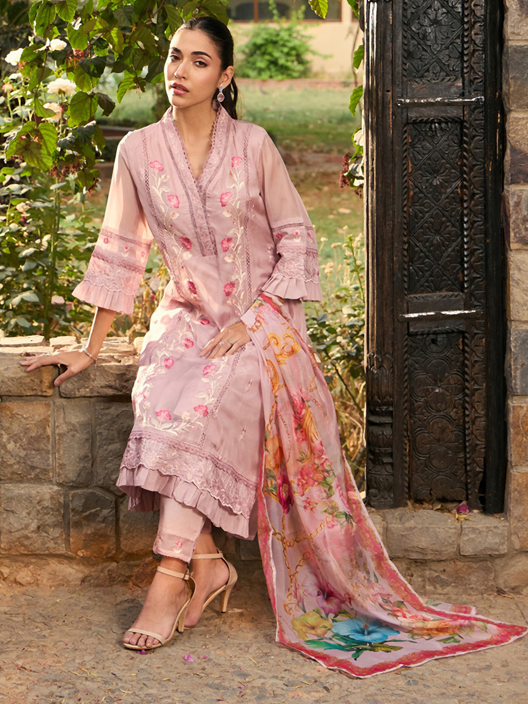 Women's Mauve Embroidered A-Line Kurta Trousers With Dupatta Set - Indo Era