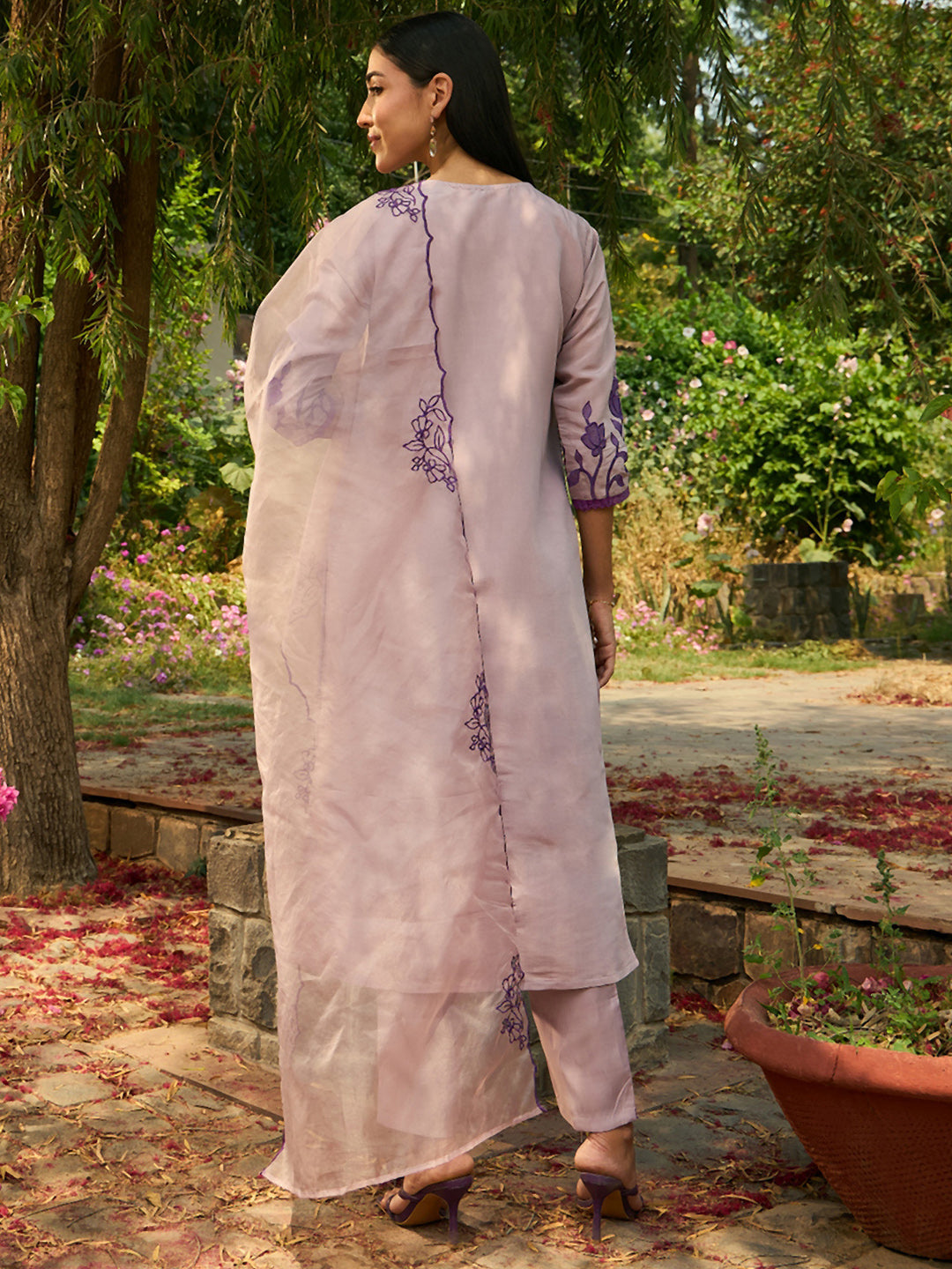Women's Purple Embroidered Straight Kurta Trousers With Dupatta Set - Indo Era