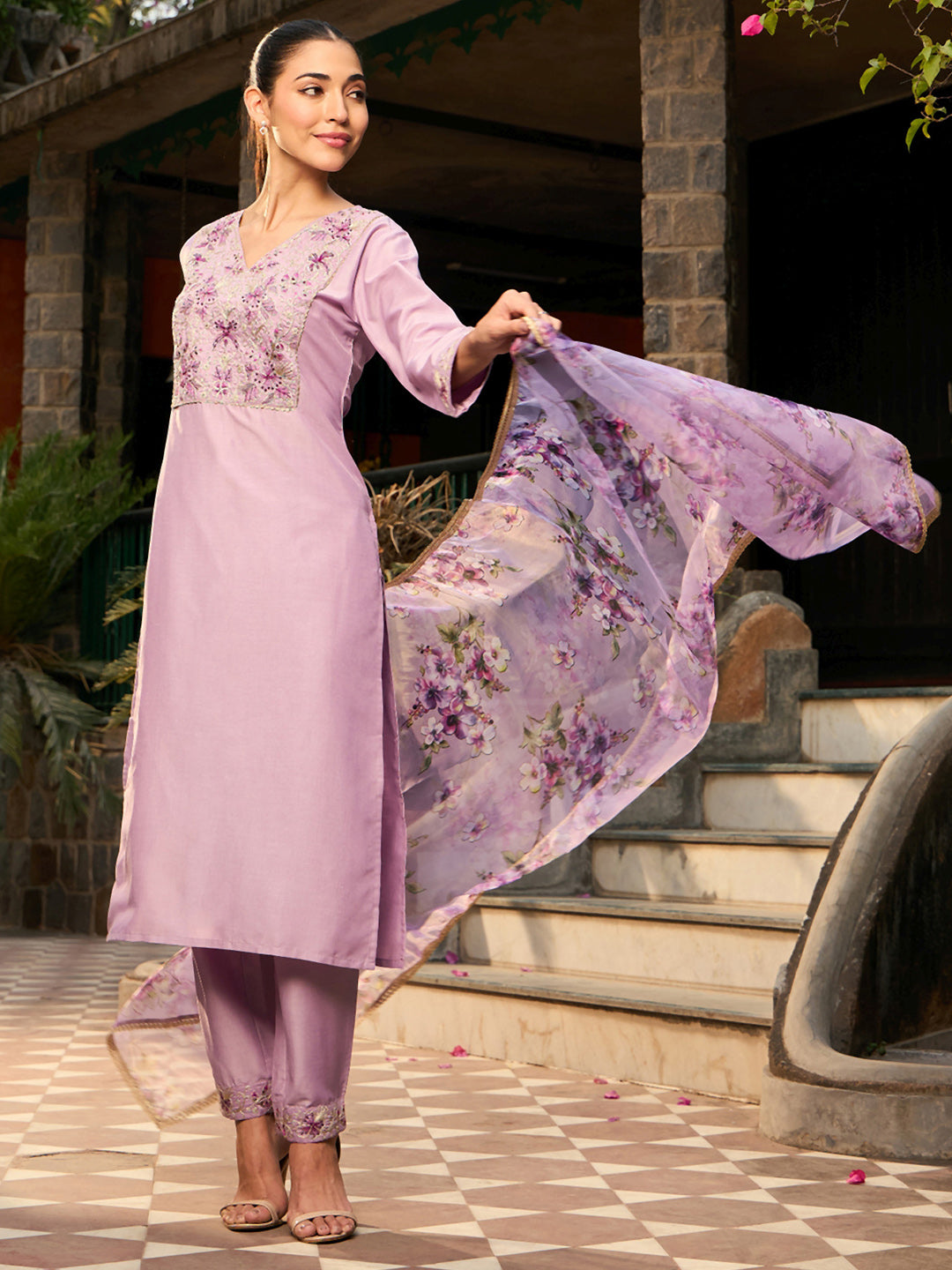 Women's Purple Silk Blend Kurta Set - Taantav