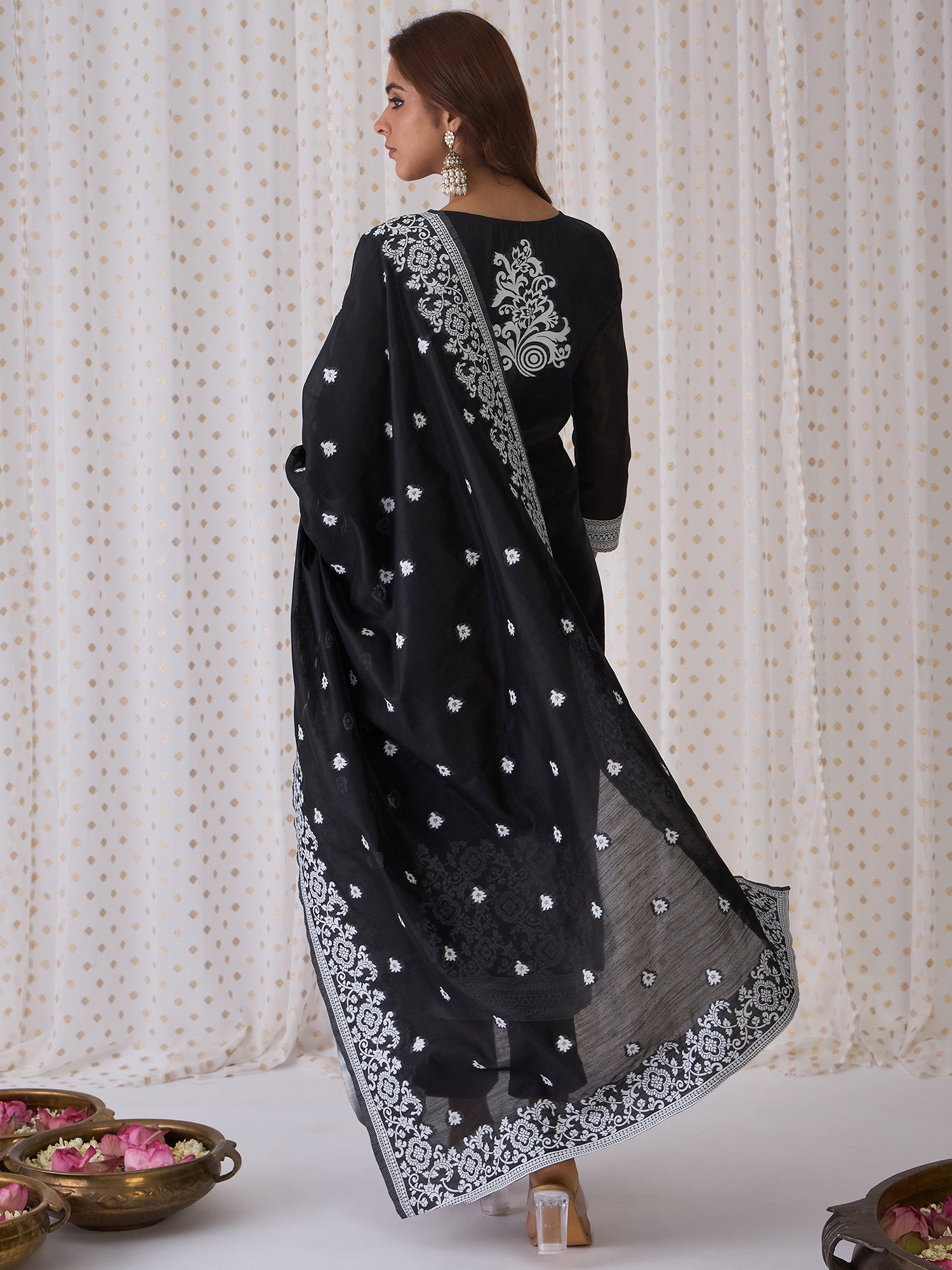Women's Black Woven Design Straight Kurta Trousers With Dupatta Set - Indo Era