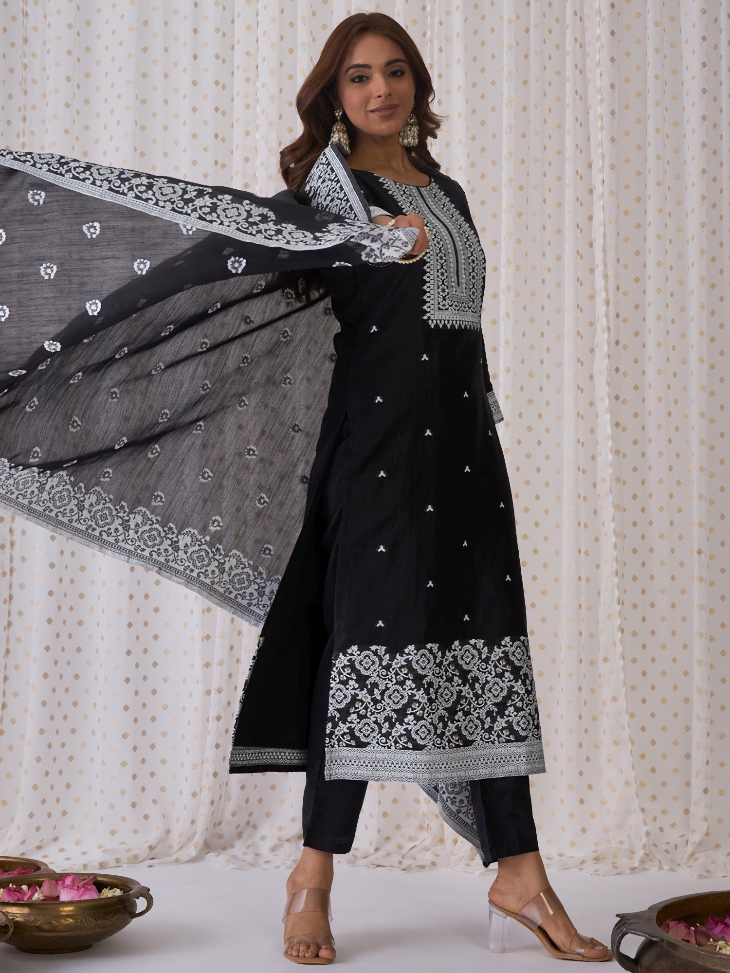 Women's Black Woven Design Straight Kurta Trousers With Dupatta Set - Indo Era