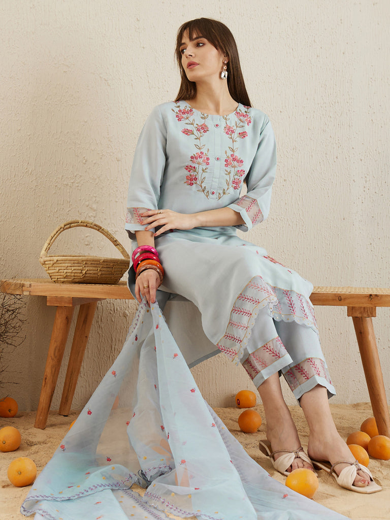 Women's Blue Embroidered Straight Kurta Trousers With Dupatta Set