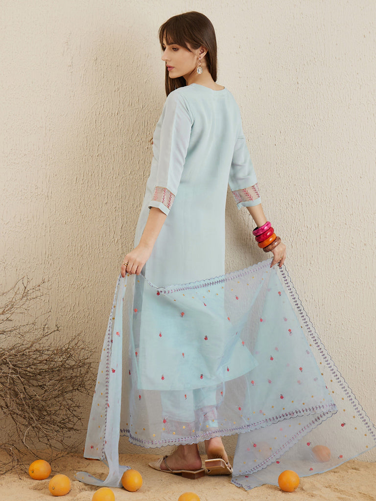 Women's Blue Embroidered Straight Kurta Trousers With Dupatta Set