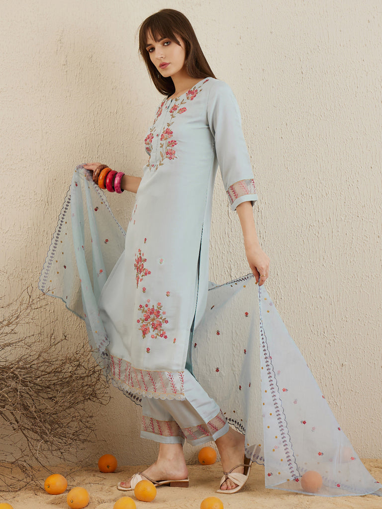 Women's Blue Embroidered Straight Kurta Trousers With Dupatta Set
