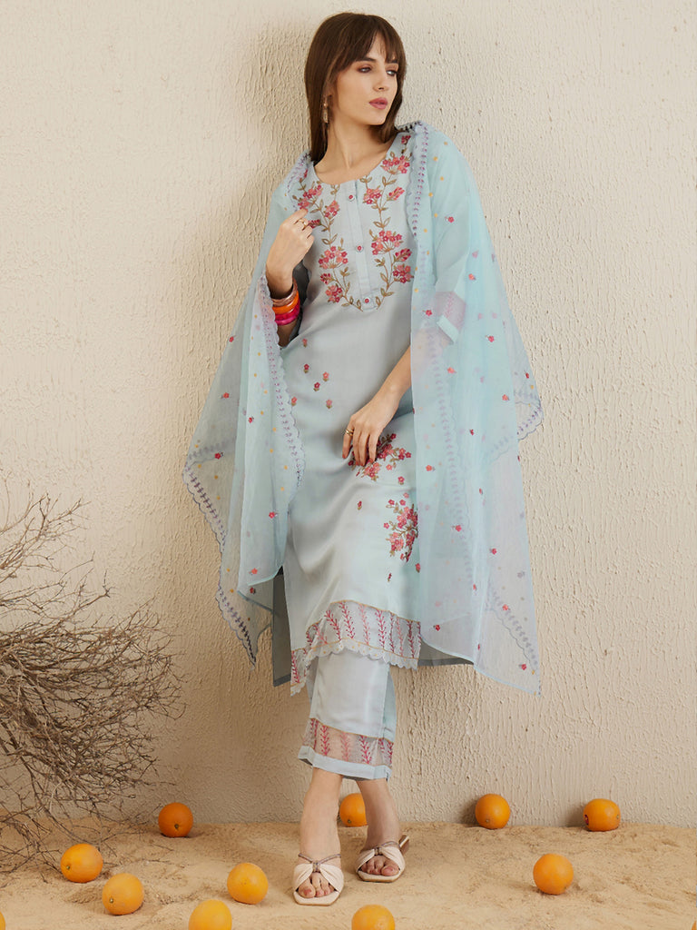 Women's Blue Embroidered Straight Kurta Trousers With Dupatta Set