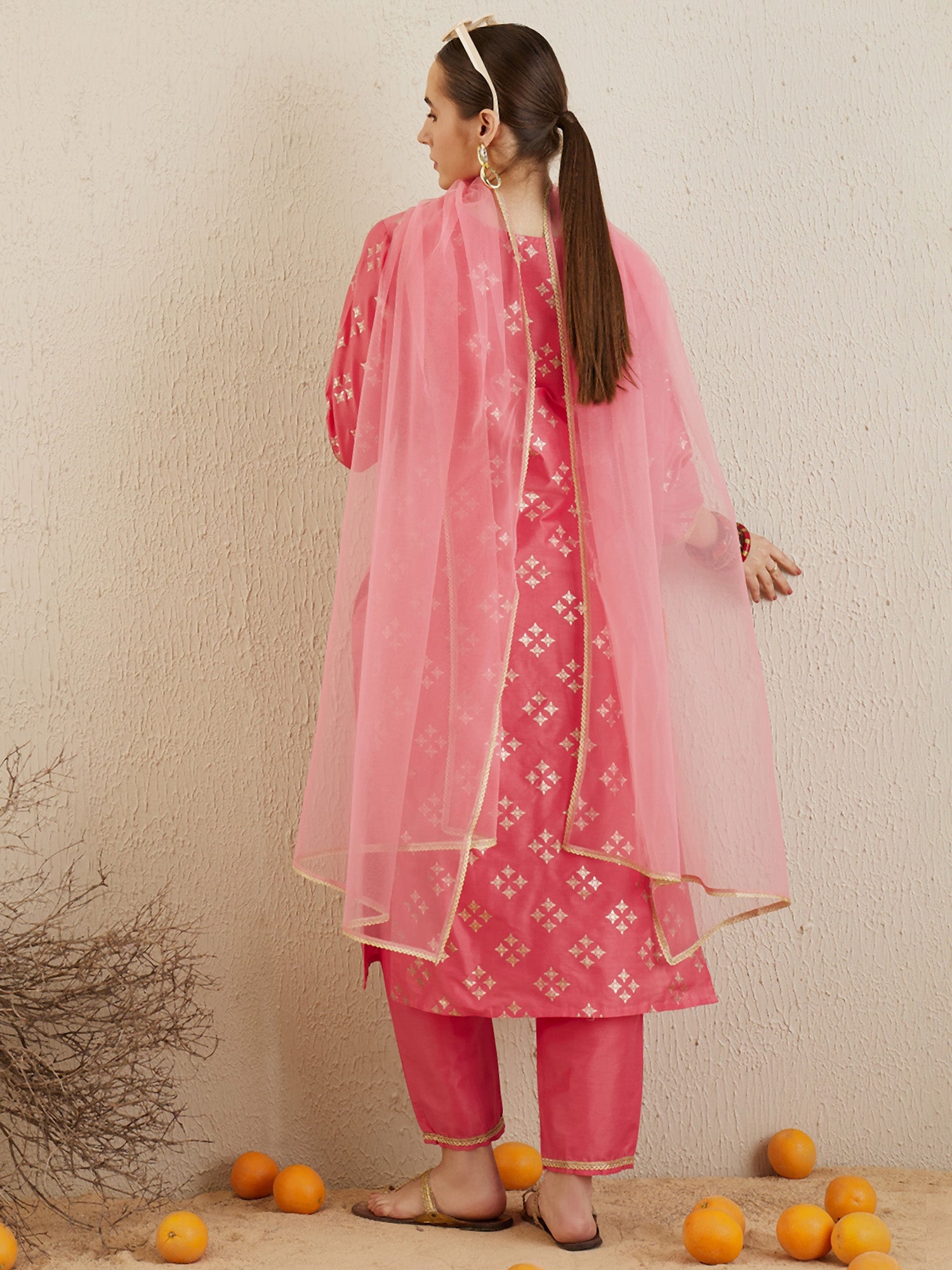 Women's Pink Embroidered Straight Kurta Trousers With Dupatta Set - Indo Era
