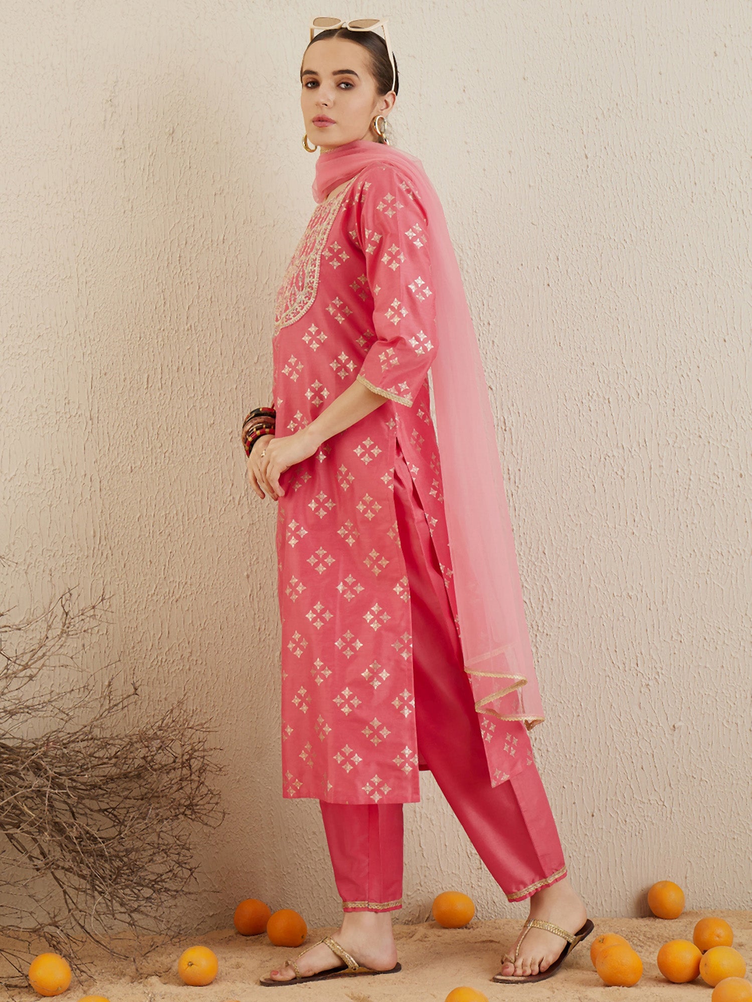 Women's Pink Embroidered Straight Kurta Trousers With Dupatta Set - Indo Era