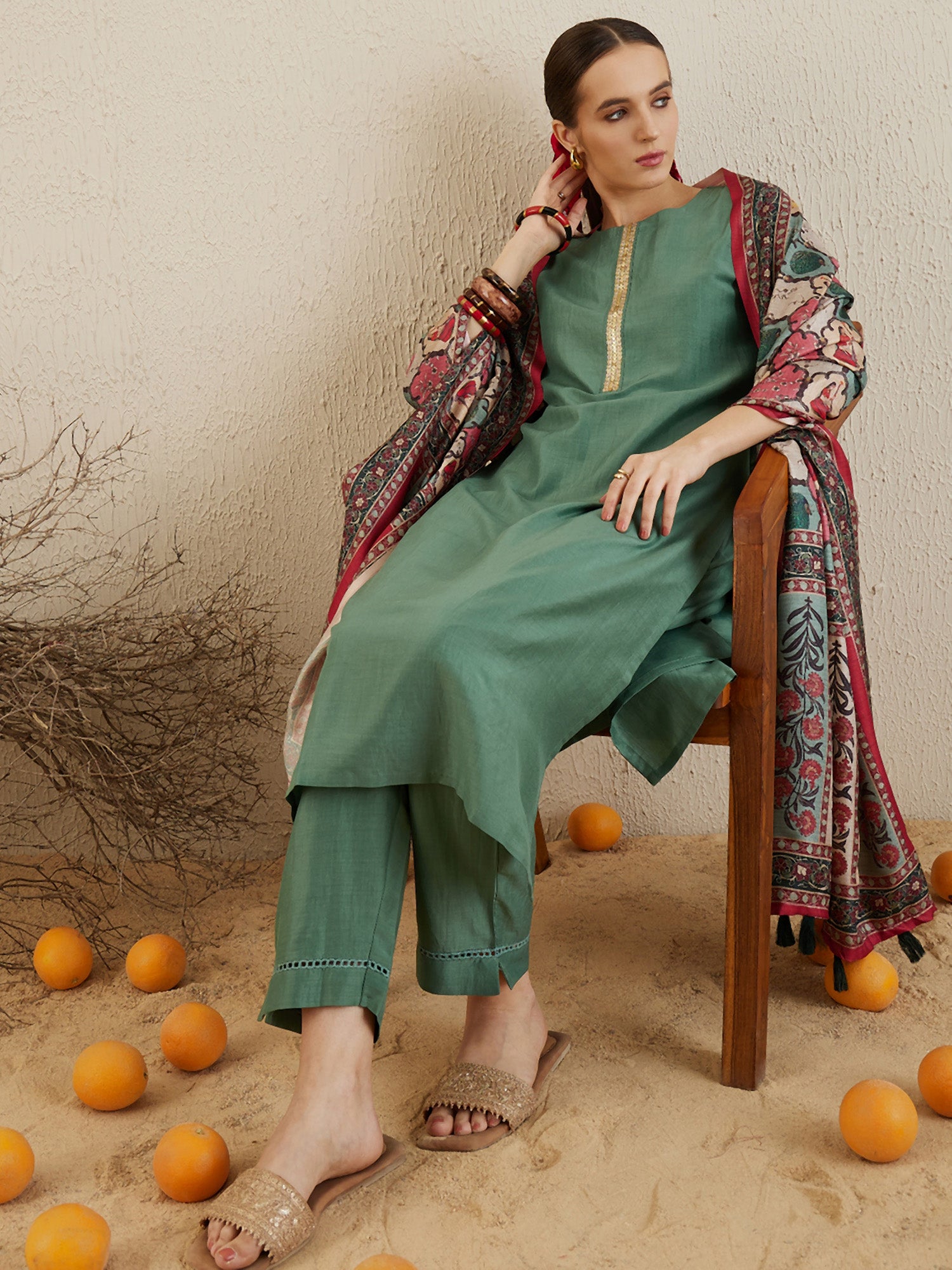 Women's Seagreen Self Design Straight Kurta Trousers With Dupatta Set - Indo Era