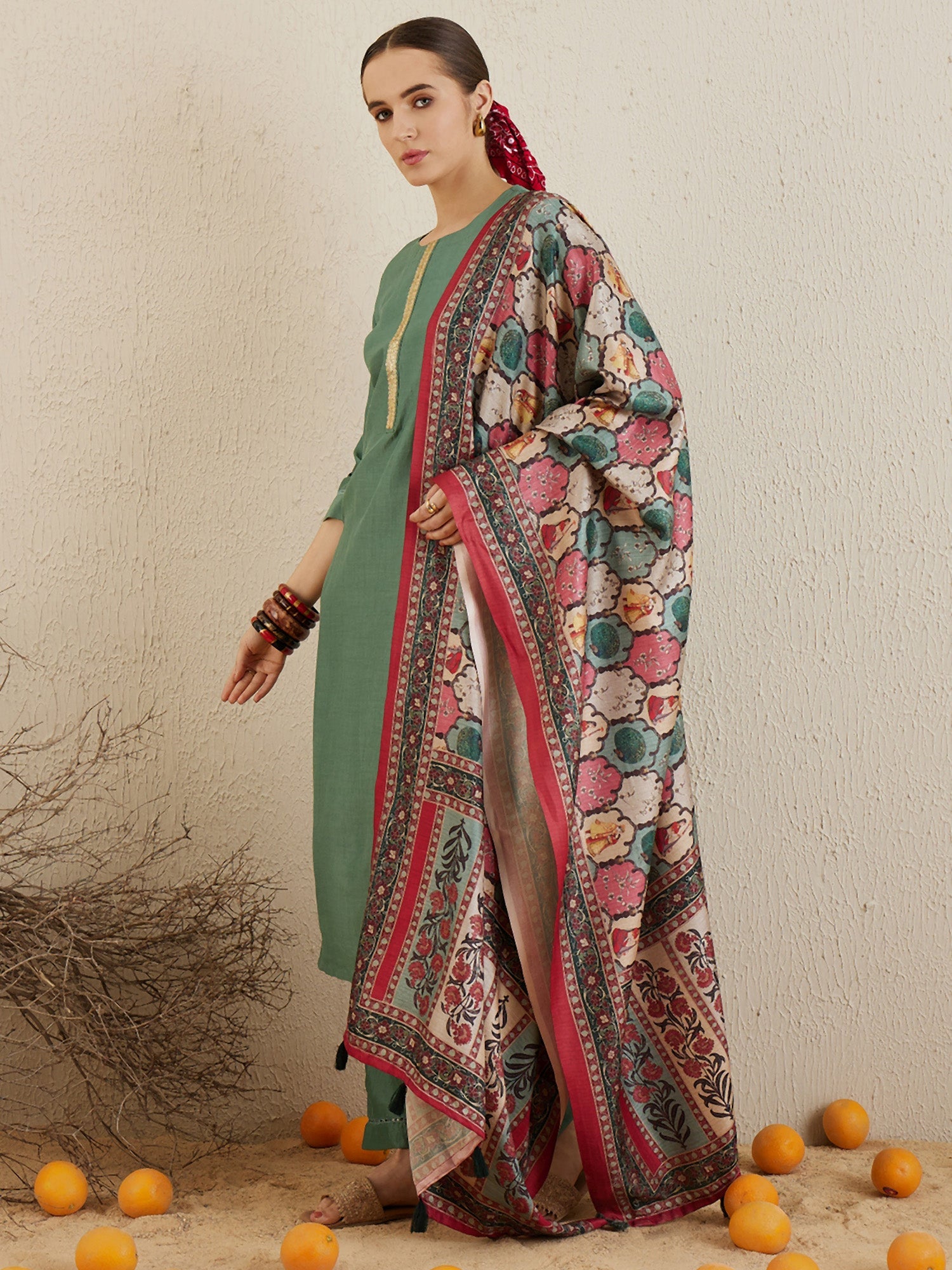 Women's Sea Green Silk Blend Kurta Set - Taantav