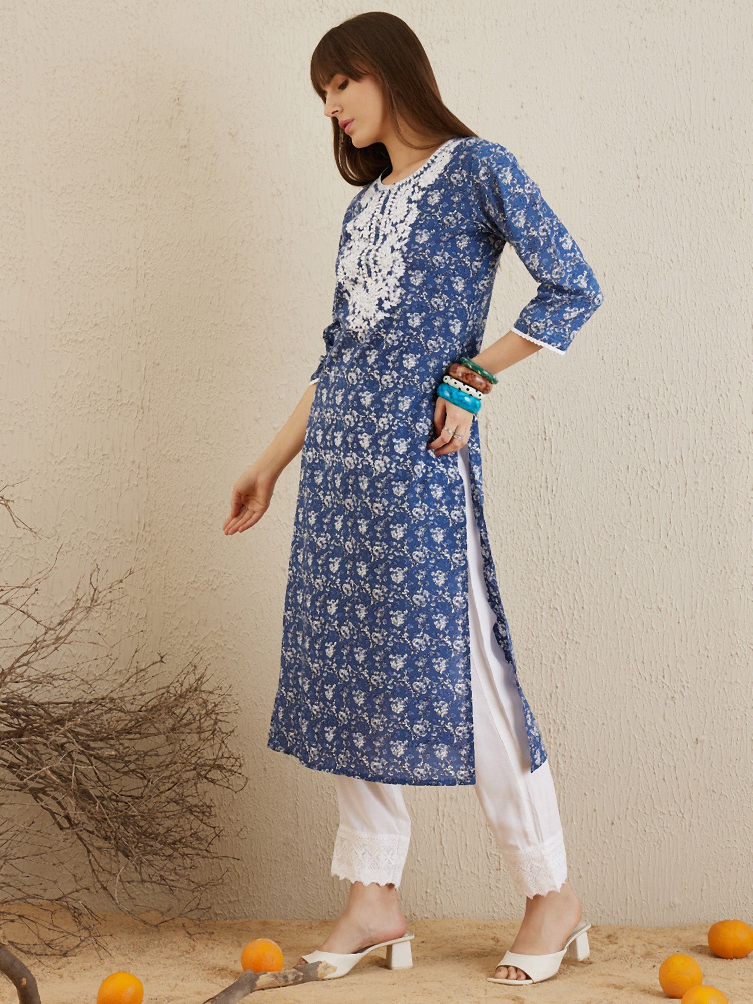 Women's Blue Cotton Kurta - Taantav