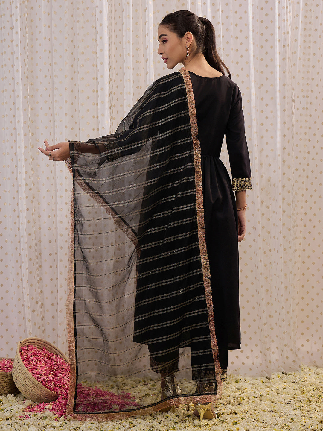 Women's Black Yoke Design A-Line Kurta Trousers With Dupatta Set - Indo Era