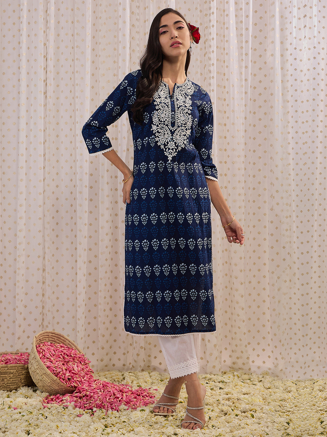 Women's Navy Blue Cotton Kurta - Taantav