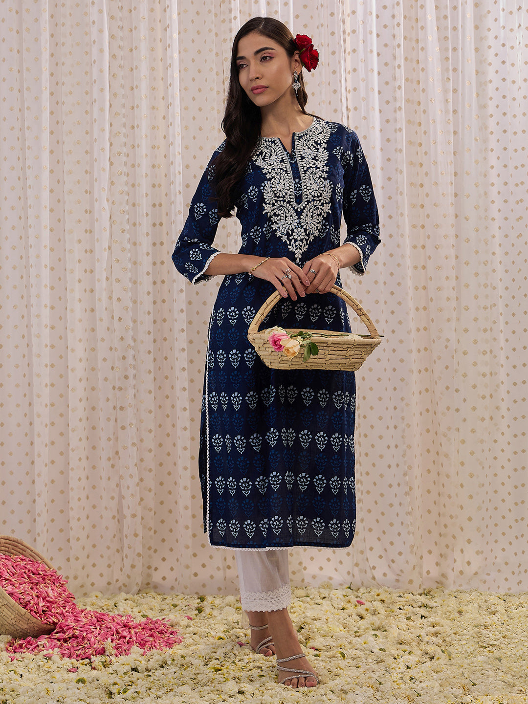 Women's Navy Blue Cotton Kurta - Taantav