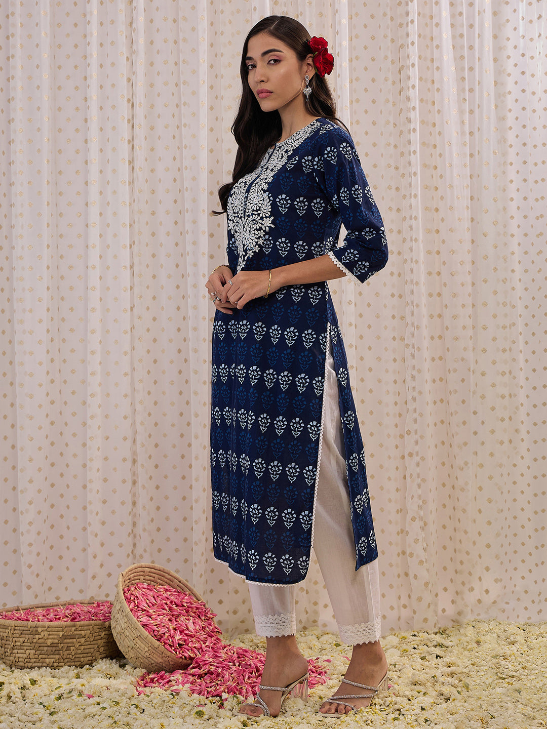 Women's Navy Blue Cotton Kurta - Taantav