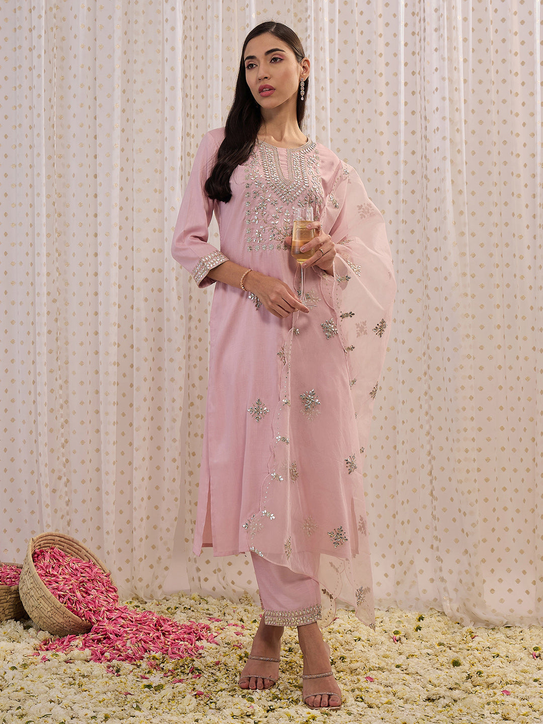 Women's Pink Silk Blend Kurta Set - Taantav