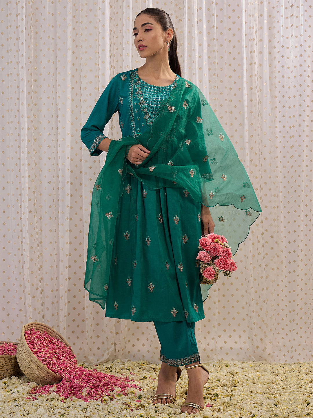 Women's Teal Embroidered A-Line Kurta Trousers With Dupatta Set - Indo Era